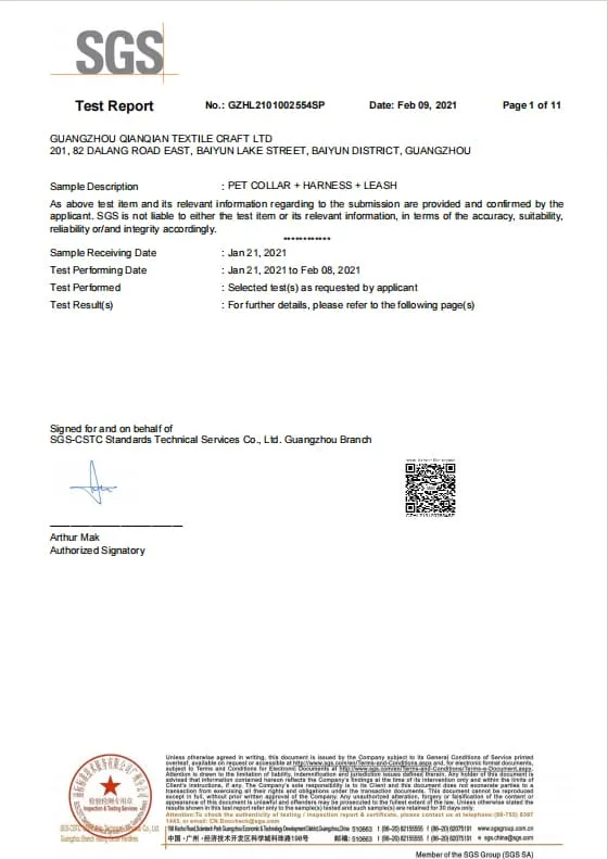 SGS Dog Collar Leash Harness Certificate